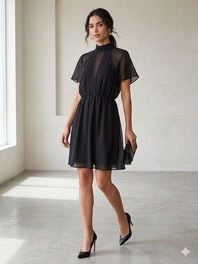 BCBGeneration Sheer Illusion Deep V Neck Mock Neck Black Dress